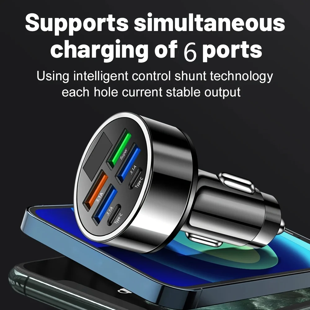 6-in-1 Auto-Ladeadapter 3,1 A mit 2× USB-C und Digitalanzeige – Bild 5