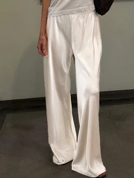 Schicke Satin-Kleiderhose mit weitem Bein für Damen, stilvolle elastische Taille, lockere Passform, lange Hose