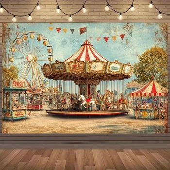 Retro-Karnevalshintergrund mit Karusseln, Riesenrädern und Jagd - Retro-Partydekorationen für Hochzeiten