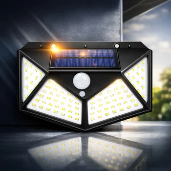 Solarbetriebene 100 LED Bewegungssensor-Wandleuchte, Wasserdichte Außensicherheitslampe für Garten, Zaun, Hof