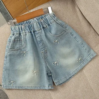 Sommer-Mädchen-Shorts, Jeans, modische Stickerei, Schleife, kurze Denim-Hosen für 2-12 Jahre, Kinderkleidung