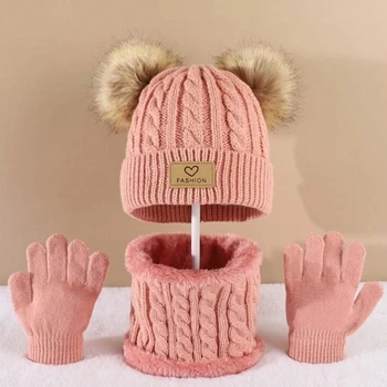Set aus Mützen und Halswärmer für Kinder im Alter von 2-12 Jahren, für Herbst und Winter, niedlich (3 Stück)