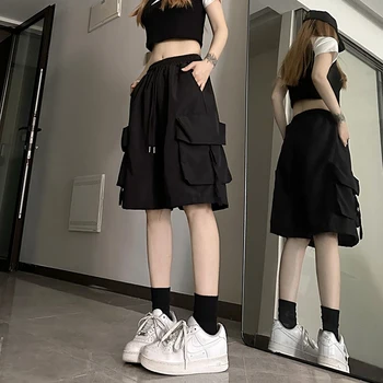 ZOKI Frauen Hohe Taille Cargo-Shorts Amerikanischen Stil Streetwear Sommer Breite Bein Hosen Mode Weibliche