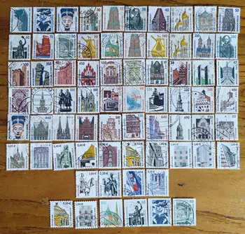 Deutsche Stadt-Wahrzeichen 70 Poststempel, komplettes Set, echte gestempelte Briefmarken, Sammlerbriefmarken