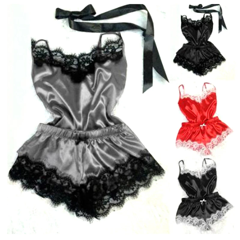Mode Nachtwäsche Spitzen besatz Satin Cami Top Pyjama Sets – Bild 4