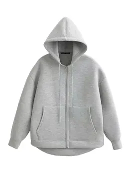HH Herbst Frauen Grau Jacke Mit Kapuze Langarm Große Tasche Zipper Jacke Mantel Frau Lose Beiläufige
