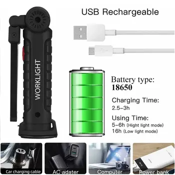 USB wiederaufladbare Camping-LED-Taschenlampe, Arbeitsleuchte, Magnet und Haken, wasserdichter