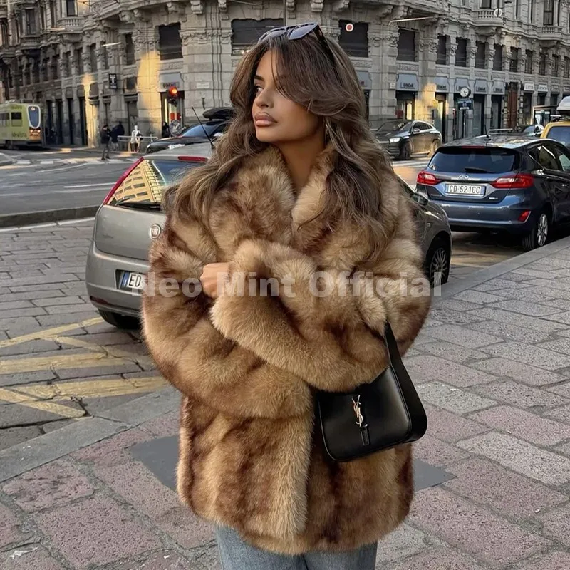 Neo Mint Luxus Marke Mode Frauen Gelb Gestreiften Faux Pelz – Bild 4