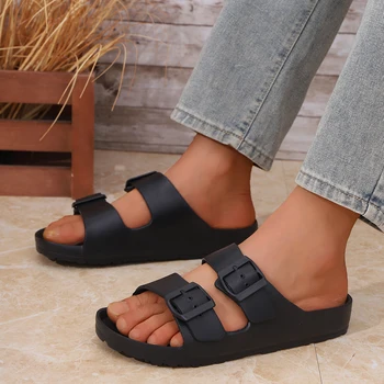 Herren Casual Einfache Schnallenverstellbare EVA Einteilige Doppelstreifen-Flachsohlen-Slipper für Zuhause