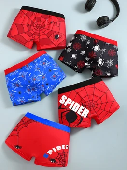 Gemischtes Set Jungenunterwäsche mit Spinnen-Print, Cartoon-Design, weich und bequem, lässiger (5 Stück)