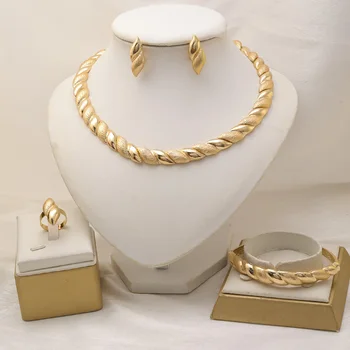 Mode Dubai Schmuck Sets für Frau 18K Gold Überzogene Halskette Ohrringe Armband Ring Schmuck Afrikanische