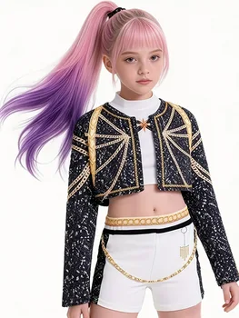 Bühnenoutfit für Kinder und Mädchen, kurze Jacke mit schwarzem Goldbesatz + weißes Crop-Top + Shorts (3 Stück)