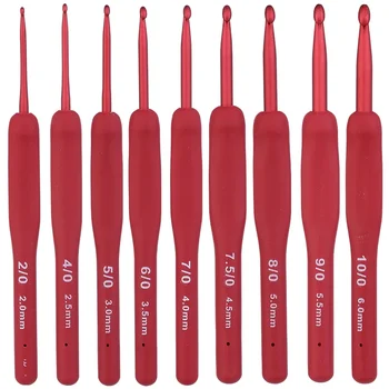 Roter Häkelnadel, ergonomischer Griff für arthritische Hände, extra lange Stricknadeln für Anfänger (9 Stück)