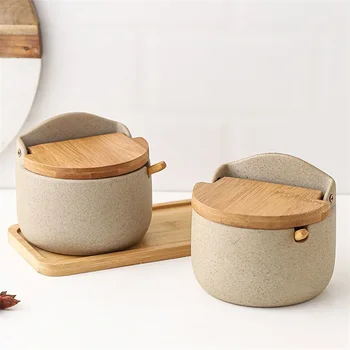 Gewürzglas aus Keramik im japanischen Stil, Bambusdeckel, Gewürzglas mit Löffel, Küche, Zucker, Salz, Gewürze