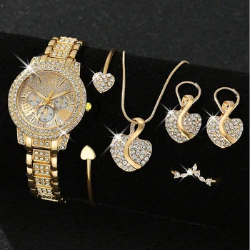 Damen Quarzuhr Gold Luxus Damen Ring Halskette Ohrring Strass Mode Armbanduhr Casual Damen Uhren Schmuckset ﻿