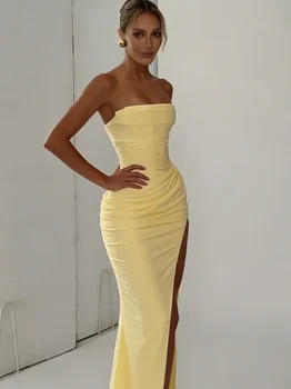 Elegantes Trägerloses Plissiertes Kleid in Gelb für Damen, Schickes Ärmelloses Tailliertes Maxikleid
