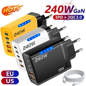 5-in-1 GaN USB-C Desktop-Ladegerät 240W Schnellladegerät mit geflochtenem Typ-C-Kabel für iPhone, Samsung