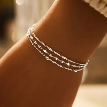 Funkelnde 925er-Sterlingsilber-Kettenarmbänder für Frauen, luxuriöses, elegantes dreilagiges geometrisches