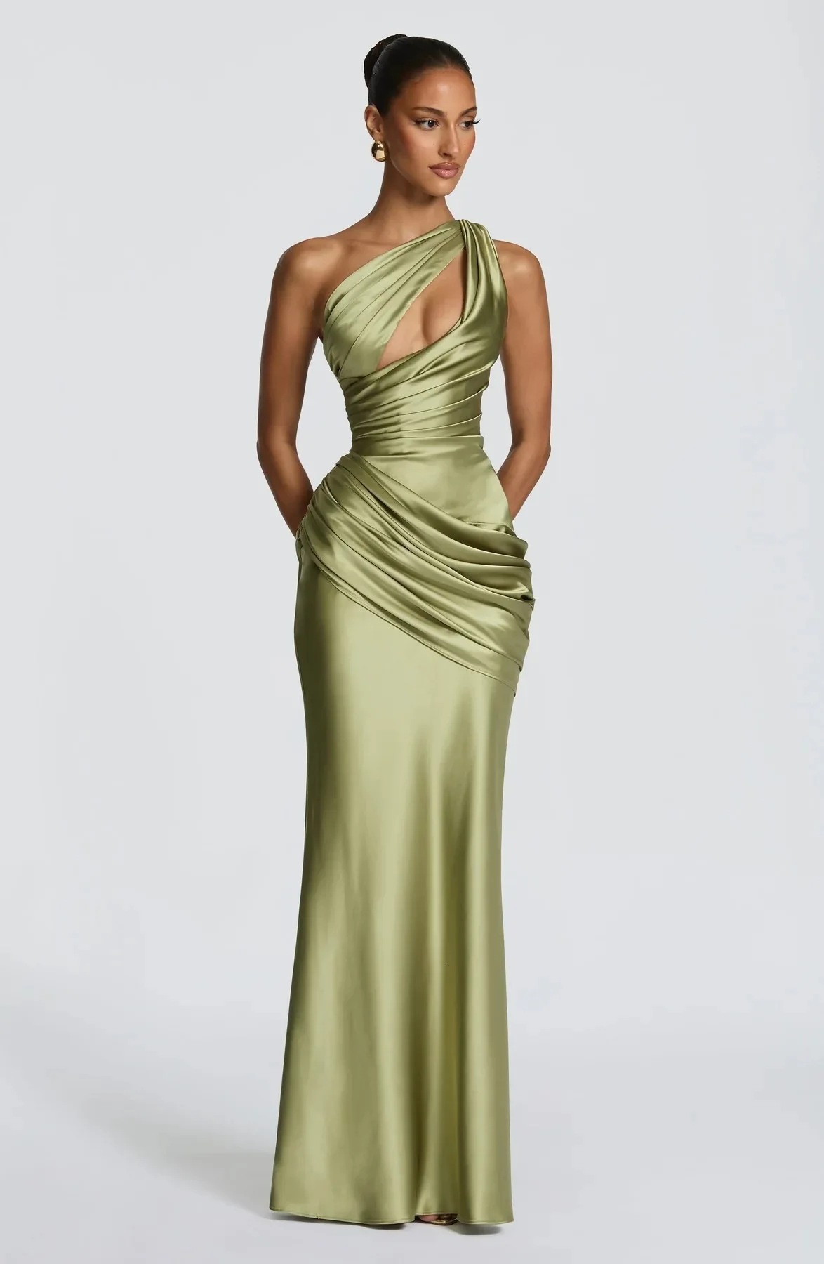 Damen Grünes Gerafftes Elegantes Satin-Maxikleid Meerjungfrau – Bild 2