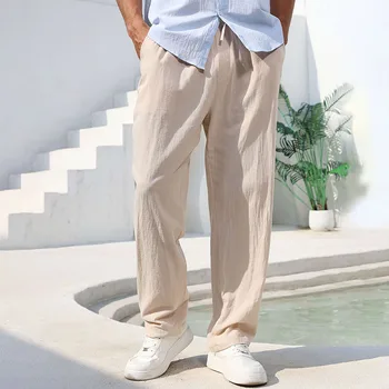 Herren-Hose aus Baumwolle und Leinen, gerades Bein, leicht, atmungsaktiv, bequem, Strand-Stil, einfarbig