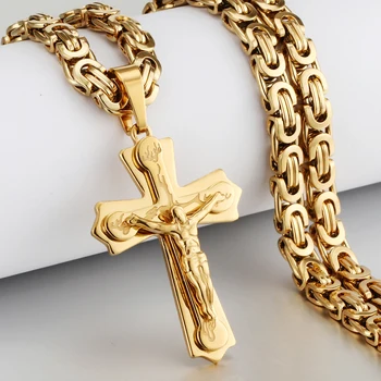 Diyalo Religiöse Jesus Kreuz Halskette Männer Edelstahl Kruzifix Anhänger mit Byzantinischen Kette Halsketten