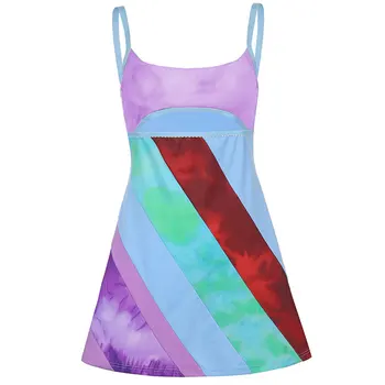 Damen-Kleid, lässig, süß, mit Hosenträgern, A-Linie, modisch, Kontrastfarbe, U-Ausschnitt, hohles kurzes Kleid