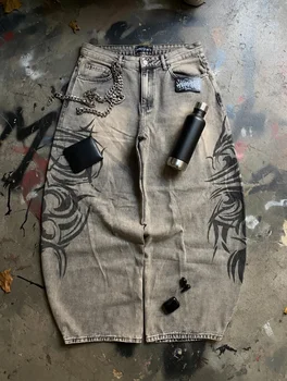 Amerikanische Retro Streetwear Y2K Graue Bedruckte Loose-Fit Jeans Hip-Hop Harajuku Lässige Gewaschene