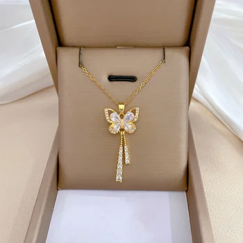 Exquisite Micro Intarsien Zirkon Schmetterling Quaste Halskette Für Frauen Edelstahl Mond Schmetterling Blume