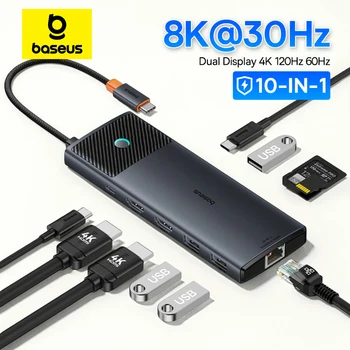 USB-C Hub 10-in-1 mit 2× HDMI 8K/4K, USB 3.2 10 Gbit/s, RJ45 und 100 W PD
