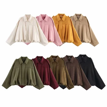 YENKYE Neue 2025, Frauen Wildleder Strukturierte Bomber Jacke Langarm Revers Kragen Lose Mäntel Casual