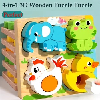 4-in-1 Holzspielzeug 3D Holzpuzzle Cartoon Tiere Kognitives Puzzle Frühes Lernen Lernspielzeug für Kinder