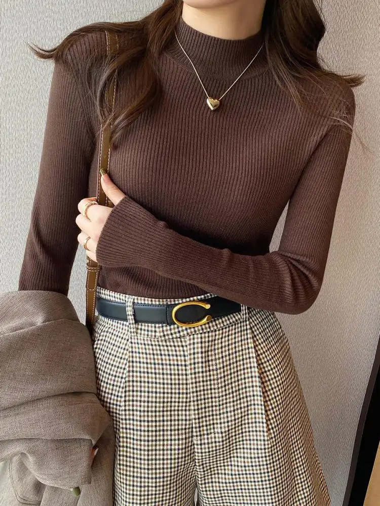 Herbst Winter Mock Neck Frauen Pullover Vintage Grundlegende – Bild 3