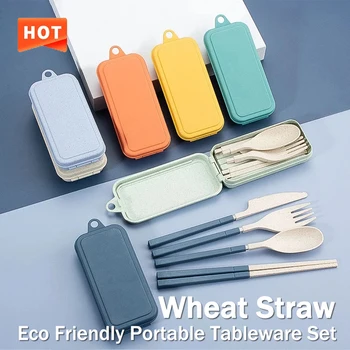 Tragbare Geschirr Set Weizen Stroh Geschirr Abnehmbare Besteck Reise Geschirr Picknick Geschirr Set (4 Stück)
