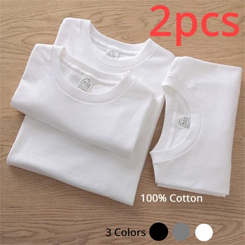 100% Baumwolle Solide T Shirts männer und Frauen Kurzarm Weiß T-shirts Casual Atmungs Lose Rundhals (2 Stück)