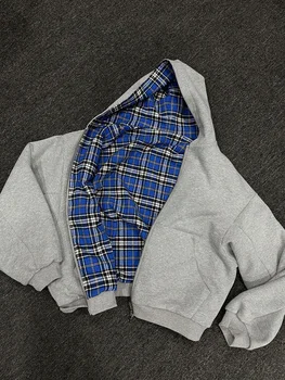 Winter Casual Plaid Print Hoodie frauen Warm Zip-Up Doppelseitige Tragen Sweatshirt Weibliche Mode Trendy Lose