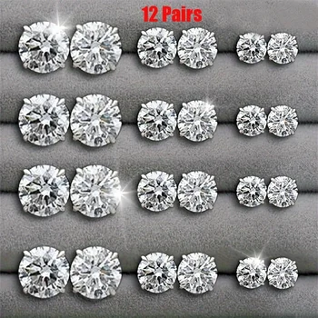 Set mit sechs Krallen-Zirkon-Ohrringen, geometrisch, weiß, glänzend, Kristall, Hochzeit (12 Stück)