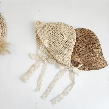 Mode Spitze Baby Hut Sommer Stroh Bogen Baby Mädchen Kappe Strand Kinder Panama Hut Prinzessin Baby Hüte