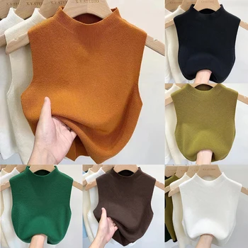 Damen-Weste, Tank-Top, einfarbig, gestrickt, T-Shirts, abgeschnittenes Leibchen, Pullover, halber