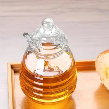 Transparenter Honig topf mit Schöpf löffel und Deckel Waben tank Küche Honig flasche für Hochzeits feier Büro