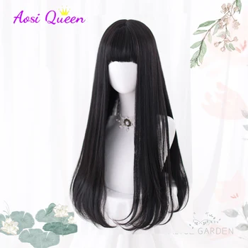 AS Lange, gerade, schwarze synthetische Perücke für Frauen mit Pony, schwarze Cosplay-Lolita-Perücken