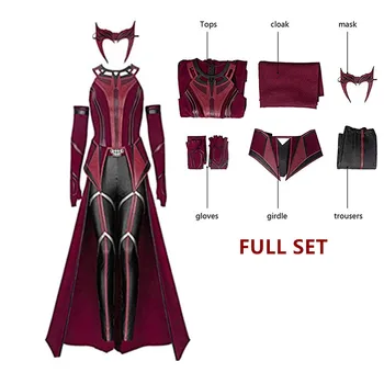 Scarlet Cosplay Hexe Maximoff Wanda Vision Cosplay Kostüm Kopfbedeckung Umhang und Hose Komplettset Outfit