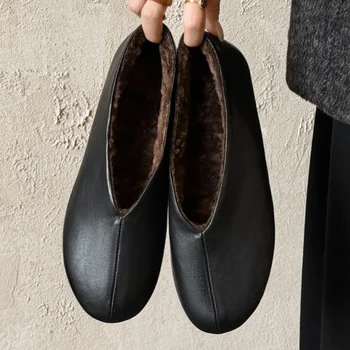 Danxuefei Damen-Ballerinas aus Rindsleder mit runder Spitze, Wolle innen, Winter, warm, hochwertig, weich