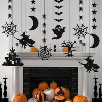Halloween-Hängebanner, Girlande, gruselige Spinne, Hexe, Geist, Fledermaus, Anhänger, Ornament (6 Stück)
