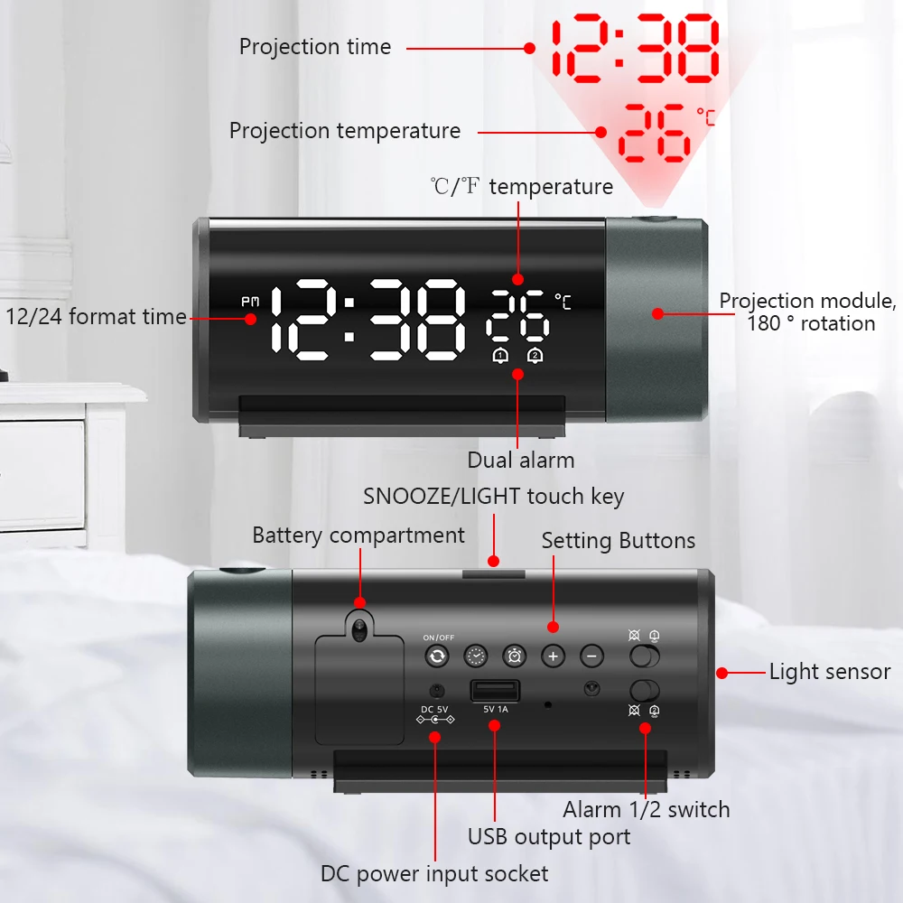 Projektionswecker Digitaluhr mit 180° °   Drehbarer – Bild 2