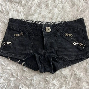 Hip-Hop-Mode, Straßenkleidung, grafischer Druckstil, schwarze Shorts für Damen, in Y2K-Gothic-Jeansshorts