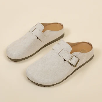 Damen-Sandalen mit Schnalle aus Kunstwildleder, geschlossene Zehenpartie, Clogs im koreanischen Stil