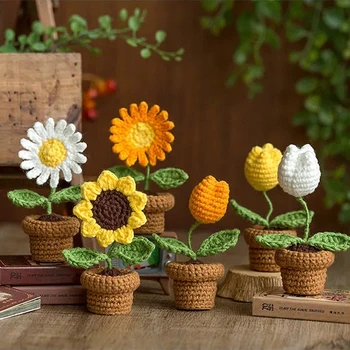 Häkeln stricken Blumen Topf hausgemachte häkeln Rose Tulpe Gänseblümchen Büro Desktop Ornamente Auto Automobil