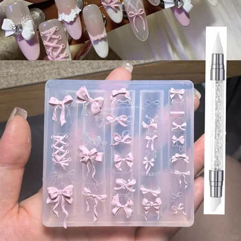 3D Bowknot Silikon Nagel Formen + 1Carving Stift Y2K Ballett Stil Band Nägel Schablonen Skulptur Bögen