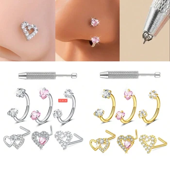 Herz Hufeisen Nasenring Nasenstecker, Silber Gold Nasenring, Edelstahl Nasenpiercing Schmuck (3 Stück)