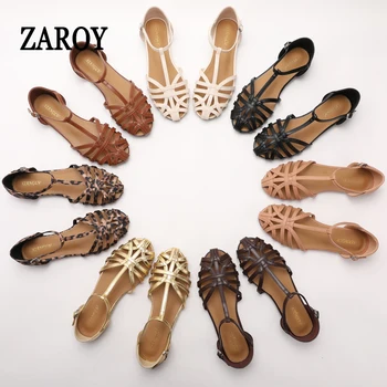 ZAROY Damen-Sandalen, Sommer-Freizeitschuhe, T-gebunden, Kreuzriemen, flache Sandalen, Webart, hohl, römische